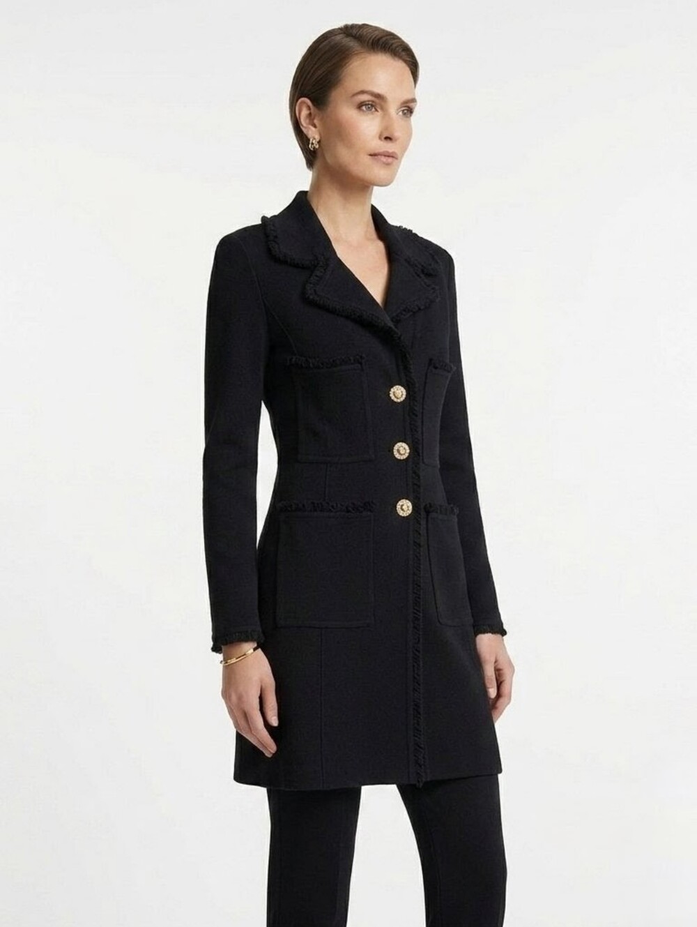 St. John Collection Caviar Fringed Wool Blend Milano Piqué Knit Topper - 14